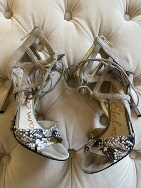 Sam Edelman Aimee Taupe Suede Lace-Up Heels with Black & White Snake-Print Toe